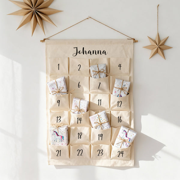 Personalisierter Adventskalender aus Stoff mit 24 Taschen & Name zum selbst befüllen | Design: Name