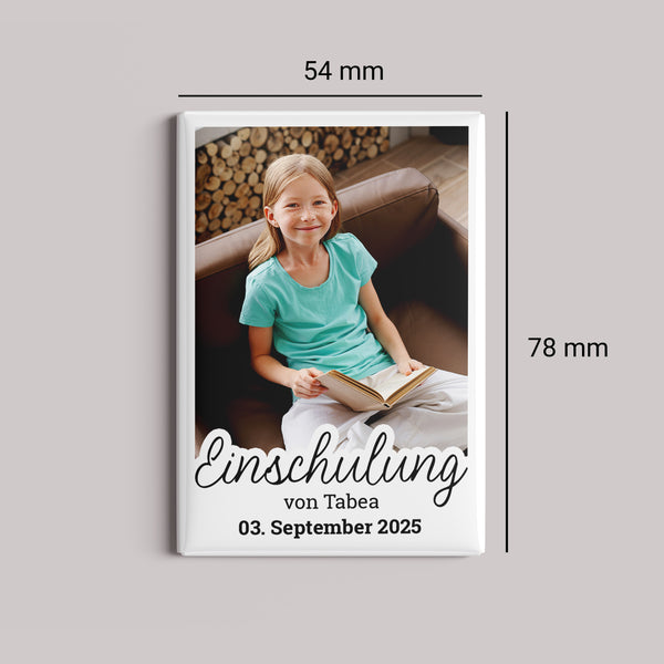 Fotomagnet mit Bild für die Einschulung mit Wunschtext | 54 x 78 mm | Einladung, Schulanfang