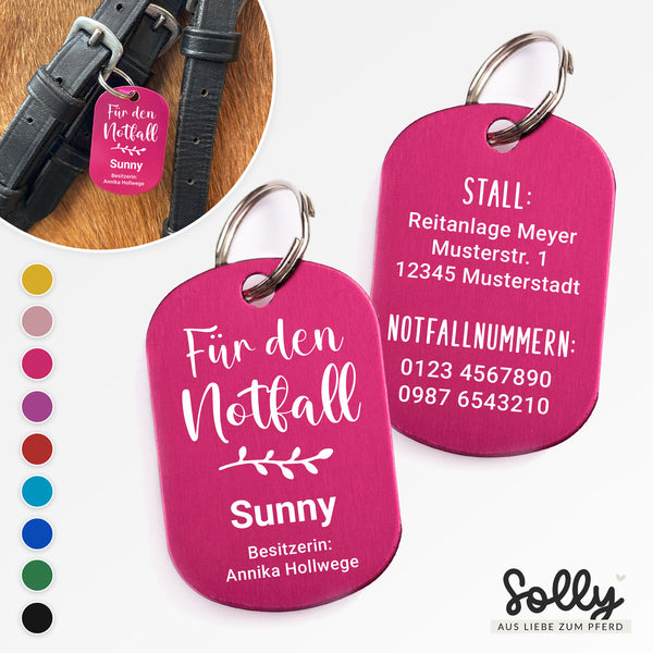 Notfall-Anhänger Halfter "Design #2" mit Wunschgravur | personalisiert | neun Farben | Geschenk, Trensenmarke, Glücksbringer