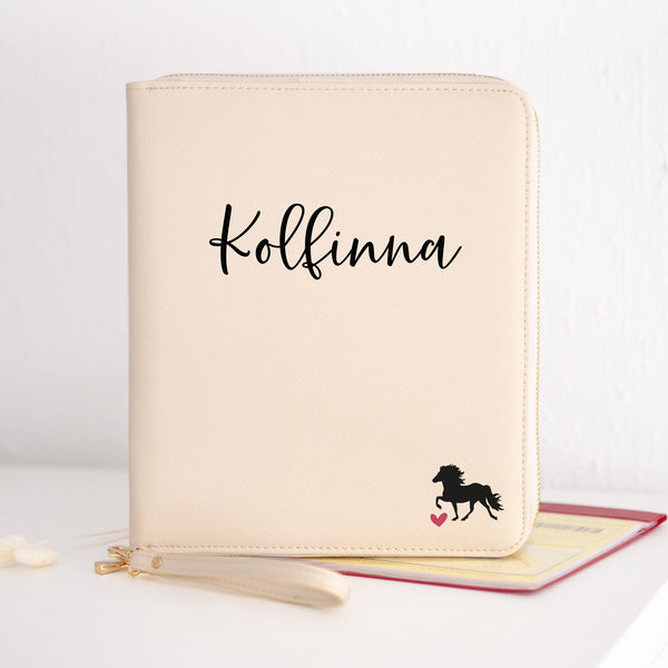 Pferde-Organizer Equidenpasshülle Design "Isländer #1 + Name" | Schwarz, Grau oder Creme
