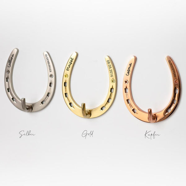 Trensenhalter mit Wunschtext | personalisiert | Gravur | Hufeisen Trensenhaken | Silber, Gold oder Kupfer